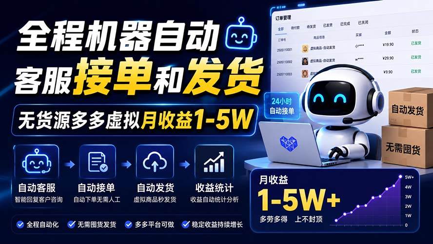 （20119期）全程机器自动客服接单和发货，无货源多多虚拟月收益1-5W-好耶资源