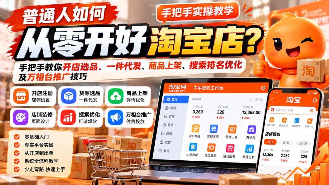 （21265期）普通人如何从零开好淘宝店？手把手教你开店选品、一件代发、商品上架、搜索排名优化及万相台推广技巧