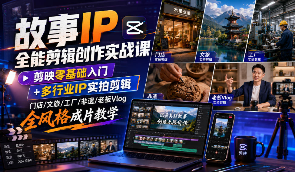 故事IP全能剪辑创作实战课｜剪映零基础入门+多行业IP实拍剪辑，门店/文旅/工厂/非遗/老板Vlog全风格成片教学-好耶资源