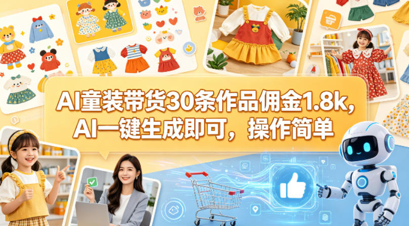 AI童装带货30条作品佣金1.8k，AI一键生成即可，操作简单-好耶资源