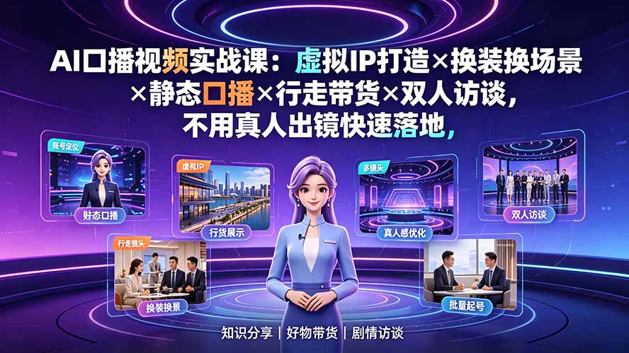 AI口播视频实战课:虚拟IP打造×换装换场景×静态口播×行走带货×双人访谈,不用真人出镜快速落地-好耶资源
