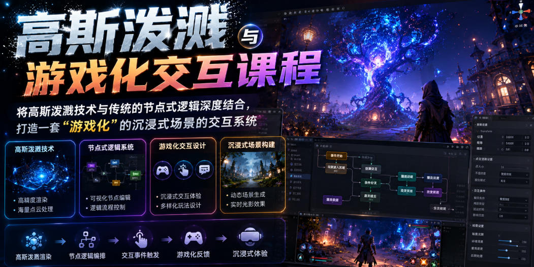 高斯泼溅与游戏化交互课程,将高斯泼溅技术与传统的节点式逻辑深度结合,打造一套“游戏化”的沉浸式场景的交互系统-好耶资源