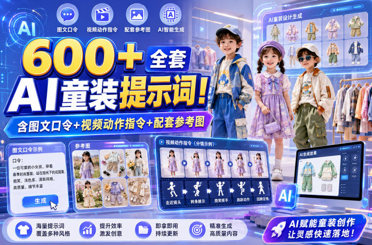 600+全套AI童装提示词!含图文口令+视频动作指令+配套参考图,Word-Excel规整分类,童装电商、种草无脑量产内容!-好耶资源