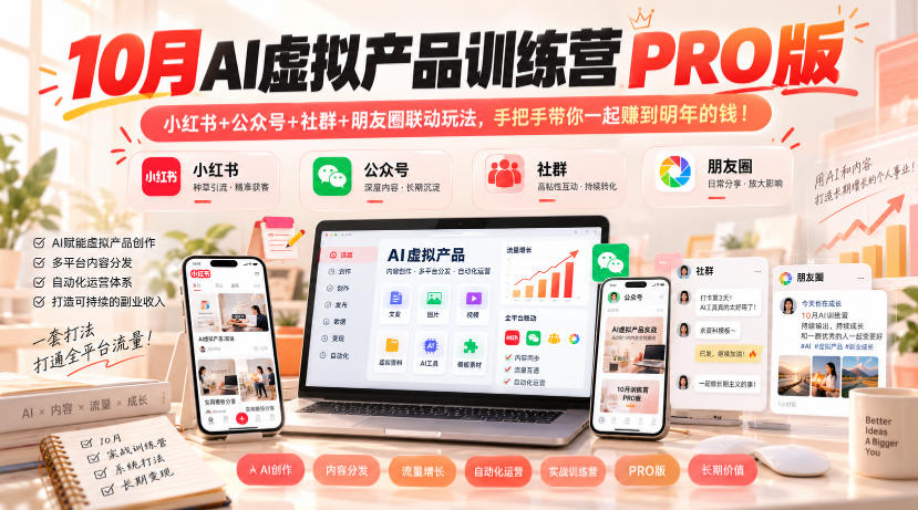 10月AI虚拟产品训练营PRO版，小红书+公众号+社群+朋友圈联动玩法，手把手带你一起赚到明年的钱！（更新1029）-好耶资源
