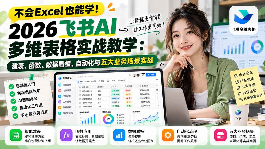 (21153期)不会Excel也能学!2026飞书AI多维表格实战教学:建表、函数、数据看板、自动化与五大业务场景实战-好耶资源