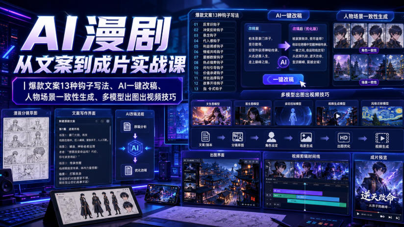 AI漫剧从文案到成片实战课｜爆款文案13种钩子写法、AI一键改稿、人物场景一致性生成、多模型出图出视频技巧-好耶资源