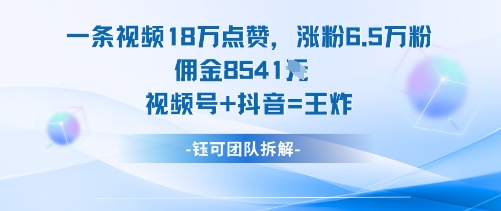 一条视频18W点赞，涨粉6.5W粉佣金8541米，视频号+抖音=王炸-好耶资源