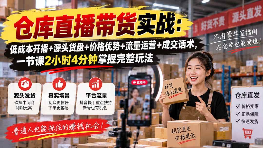 (20471期)仓库直播带货实战:低成本开播+源头货盘+价格优势+流量运营+成交话术,一节课2小时4分钟掌握完整玩法-好耶资源