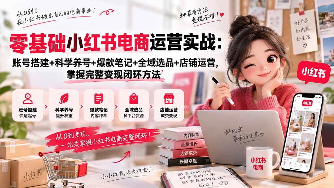 （20467期）零基础小红书电商运营实战：账号搭建+科学养号+爆款笔记+全域选品+店铺运营，掌握完整变现闭环方法-好耶资源