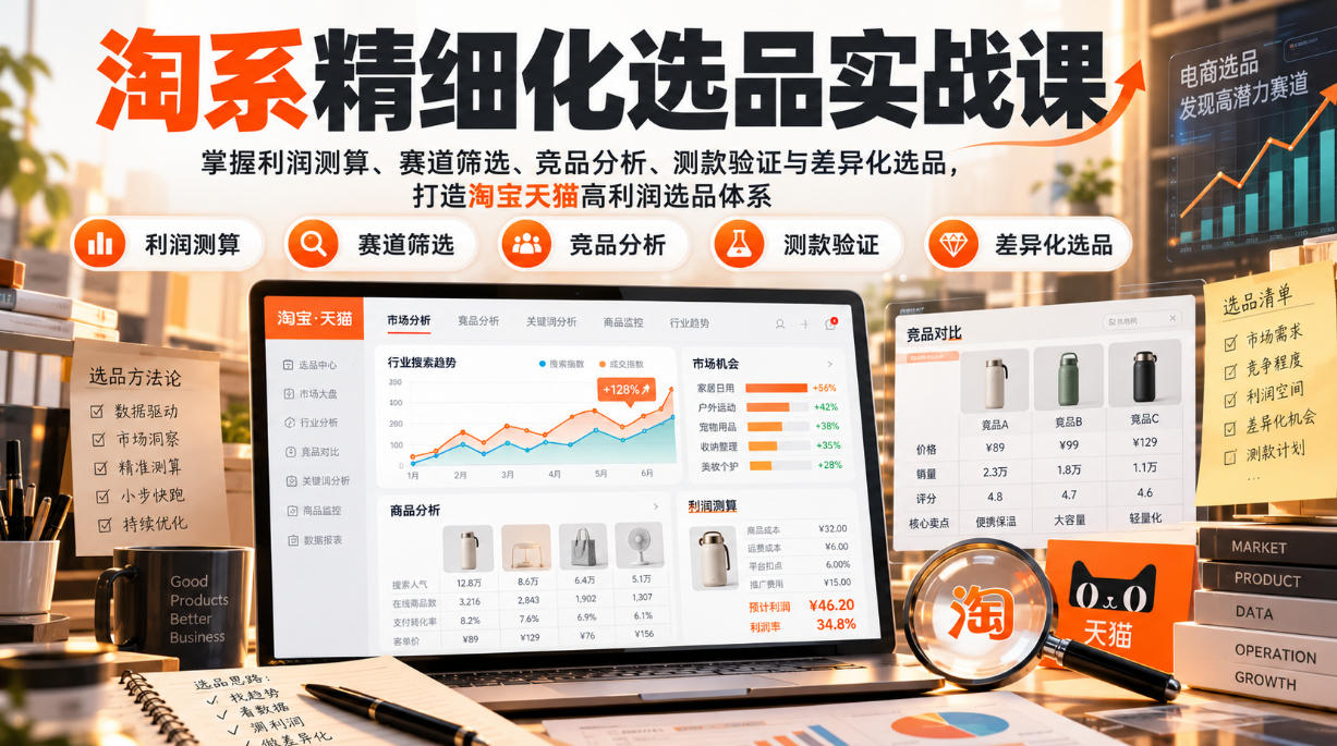淘系精细化选品实战课:掌握利润测算、赛道筛选、竞品分析、测款验证与差异化选品,打造淘宝天猫高利润选品体系-好耶资源
