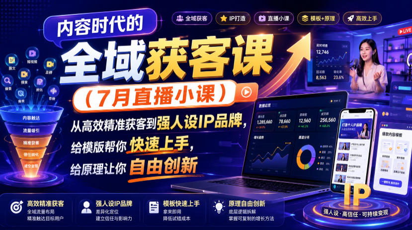 内容时代的全域获客课(7月直播小课),从高效精准获客到强人设IP品牌,给模版帮你快速上手,给原理让你自由创新-好耶资源