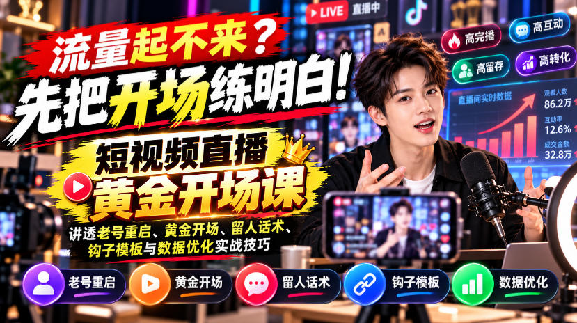 【无水印】流量起不来?先把开场练明白!短视频直播黄金开场课,讲透老号重启、黄金开场、留人话术、钩子模板与数据优化实战技巧-好耶资源