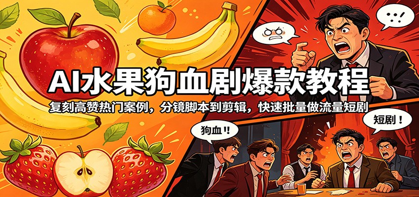 AI水果狗血剧爆款教程：复刻高赞热门案例，分镜脚本到剪辑，快速批量做流量短剧-好耶资源
