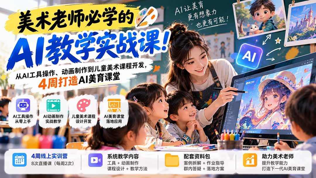 (21165期)美术老师必学的AI教学实战课!从AI工具操作、动画制作到儿童美术课程开发,4周打造AI美育课堂-好耶资源