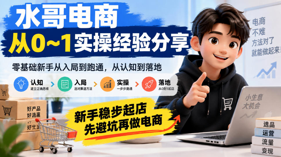 水哥电商从0~1实操经验分享，零基础新手从入局到跑通，从认知到落地，新手稳步起店，先避坑再做电商-好耶资源