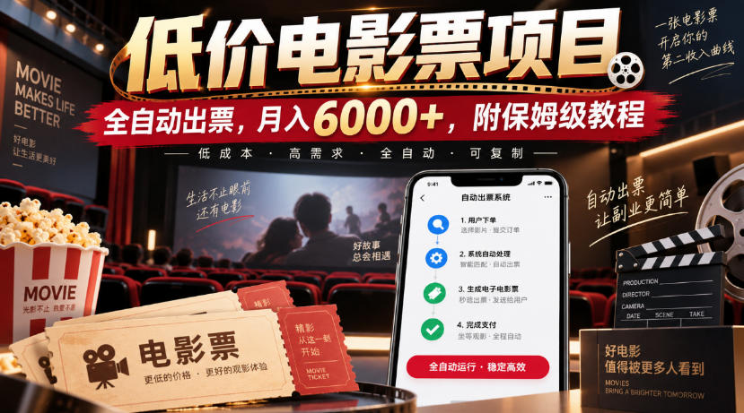 低价电影票项目,全自动出票,月入6000+,附保姆级教程【揭秘】-好耶资源