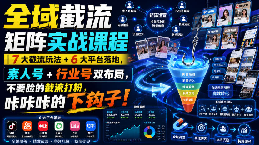 全域截流矩阵实战课程｜7大截流玩法+6大平台落地，素人号+行业号双布局，不要脸的截流打粉，咔咔咔的下钩子！-好耶资源