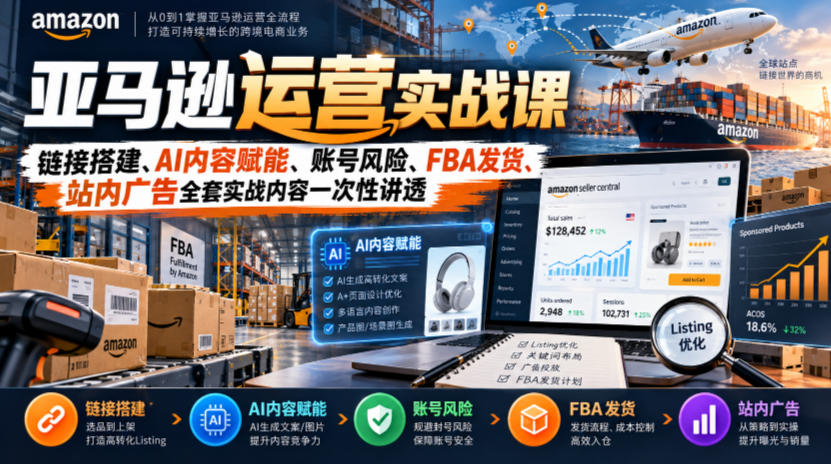 亚马逊运营实战课，链接搭建、AI内容赋能、账号风险、FBA发货、站内广告全套实战内容一次性讲透-好耶资源
