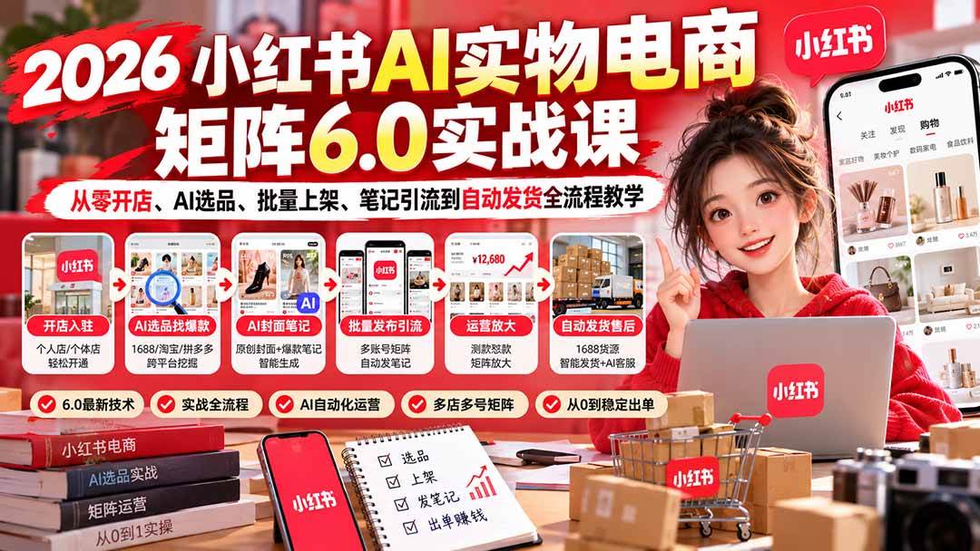 (21274期)2026小红书AI实物电商矩阵6.0实战课:从零开店、AI选品、批量上架、笔记引流到自动发货全流程教学-好耶资源