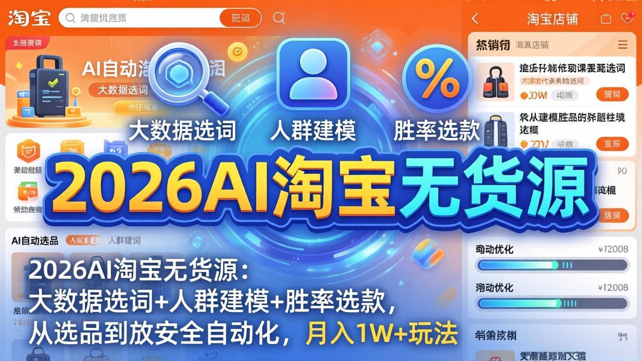 2026AI淘宝无货源：大数据选词+人群建模+胜率选款，从选品到放大全自动化，月入1W+玩法-好耶资源