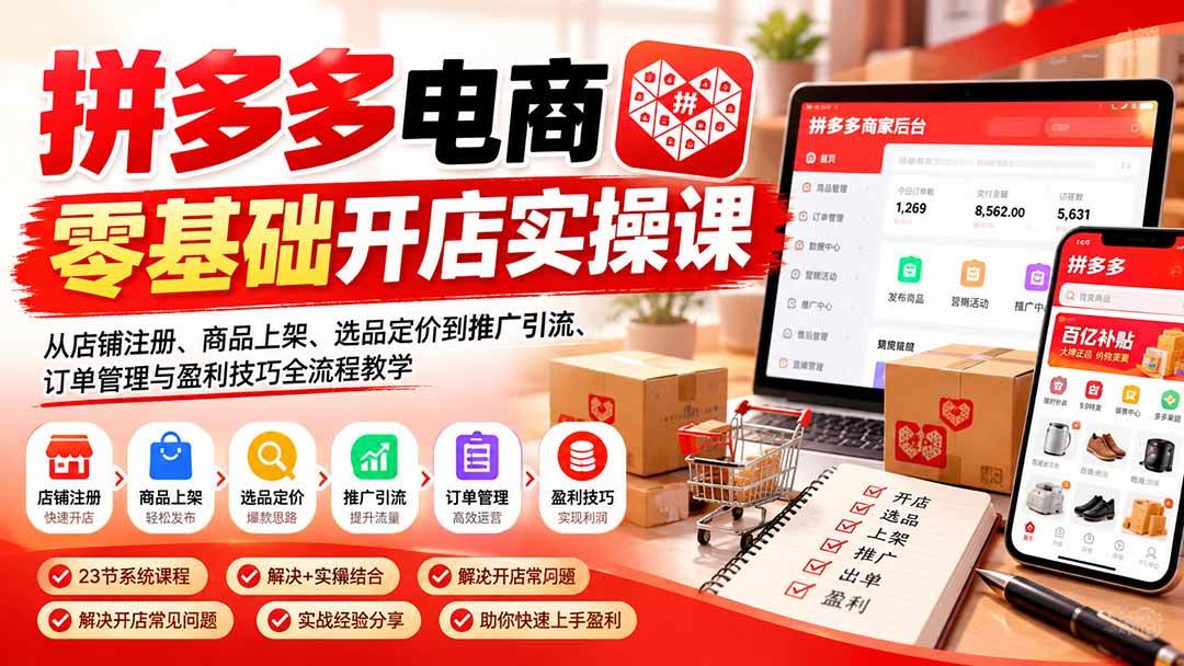 （21261期）拼多多电商零基础开店实操课：从店铺注册、商品上架、选品定价到推广引流、订单管理与盈利技巧全流程教学