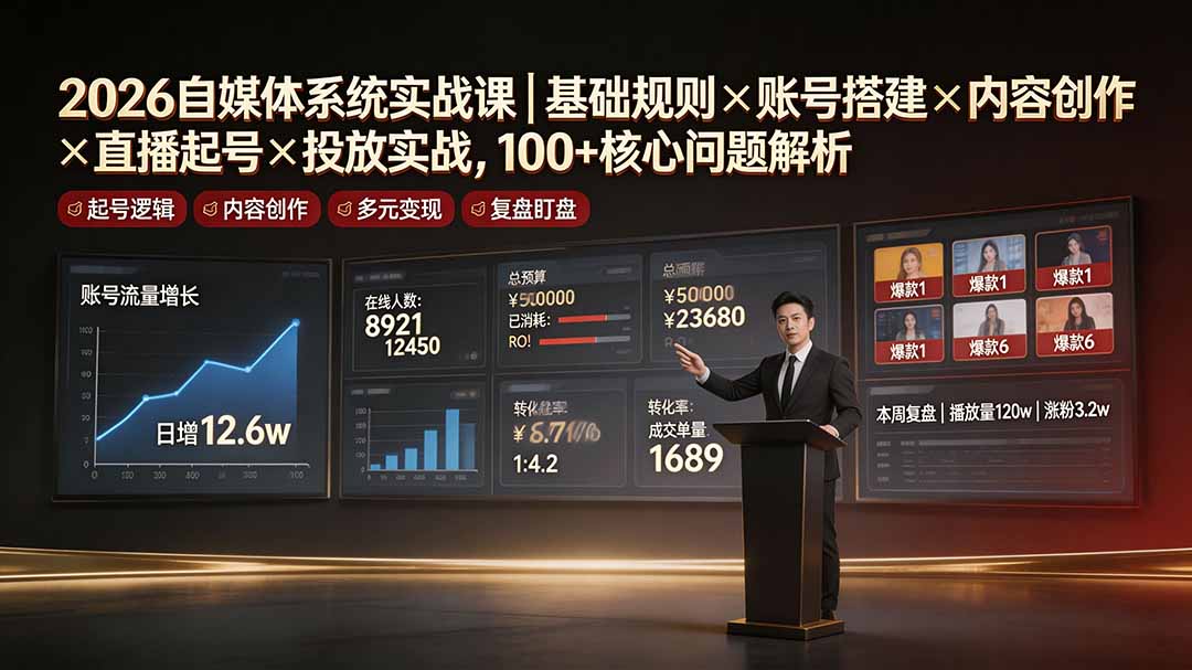 2026自媒体系统实战课｜基础规则×账号搭建×内容创作×直播起号×投放实战，100+核心问题解析-好耶资源