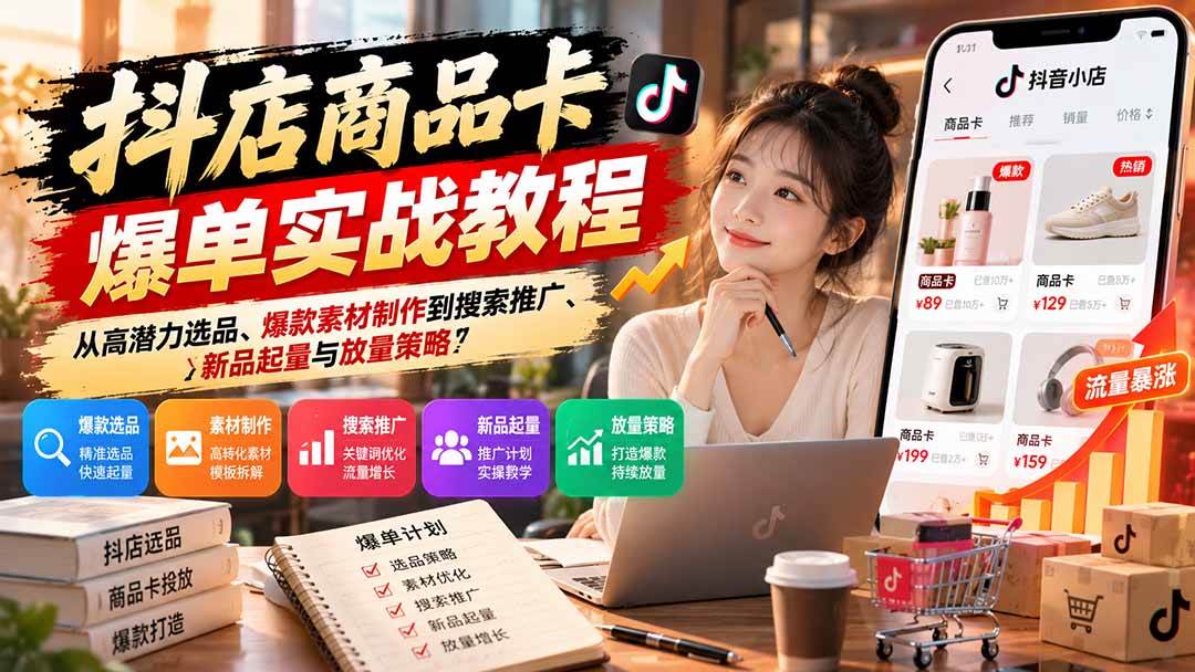 (21148期)抖店商品卡爆单实战教程:从高潜力选品、爆款素材制作到搜索推广、新品起量与放量策略-好耶资源