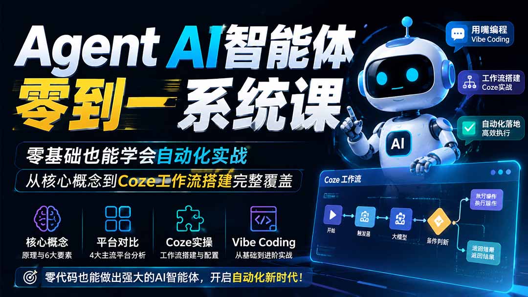 Agent AI智能体零到一系统课；零基础也能学会自动化实战，从核心概念到Coze工作流搭建完整覆盖-好耶资源