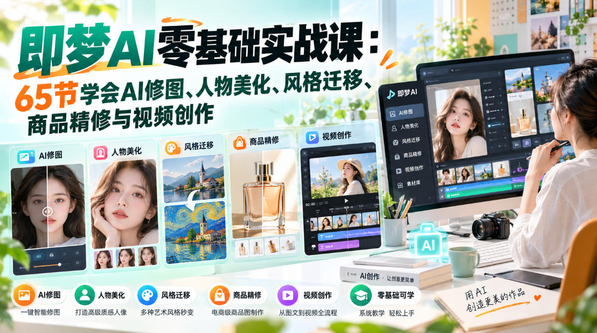 即梦AI零基础实战课:65节学会AI修图、人物美化、风格迁移、商品精修与视频创作-好耶资源