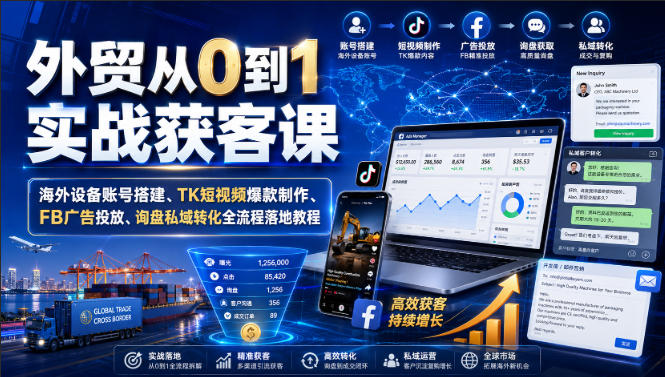 外贸从0到1实战获客课|海外设备账号搭建、TK短视频爆款制作、FB广告投放、询盘私域转化全流程落地教程-好耶资源