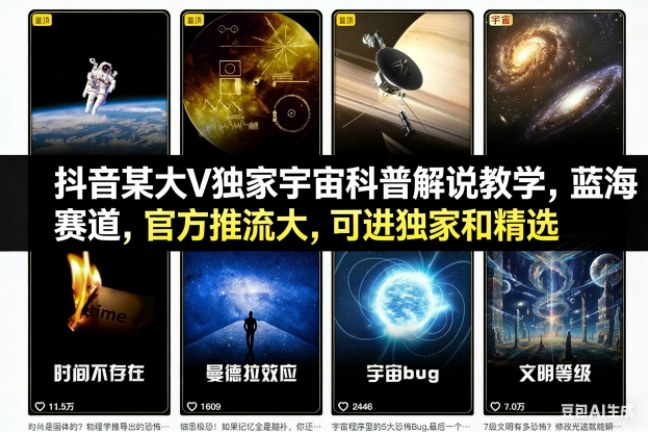 抖音某大V独家宇宙科普解说教学，蓝海赛道，官方推流大，可进独家和精选-好耶资源
