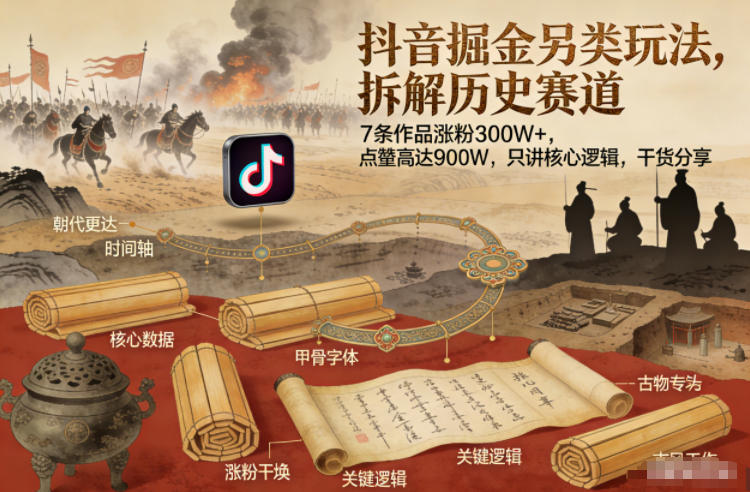 抖音掘金另类玩法，拆解历史赛道，7条作品涨粉300W+，点赞量高达900W，只讲核心逻辑，干货分享-好耶资源