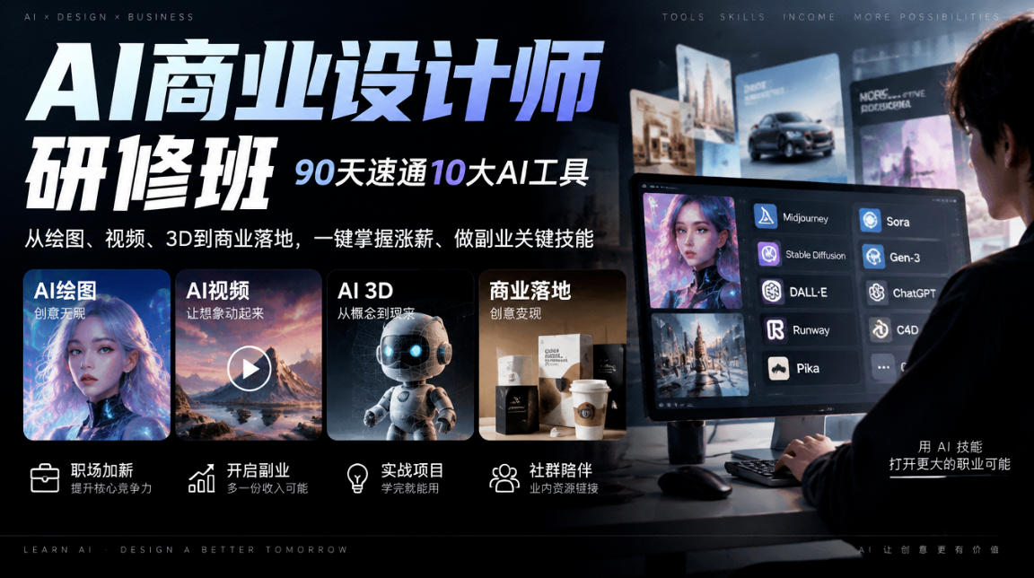 AI商业设计师研修班，90天速通10大AI工具，从绘图、视频、3D到商业落地，一键掌握涨薪、做副业关键技能-好耶资源