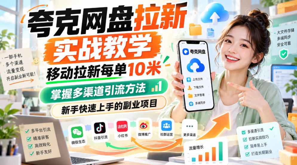 夸克网盘拉新实战教学，移动拉新每单10米，掌握多渠道引流方法，新手快速上手的副业项目（更新1028）-好耶资源