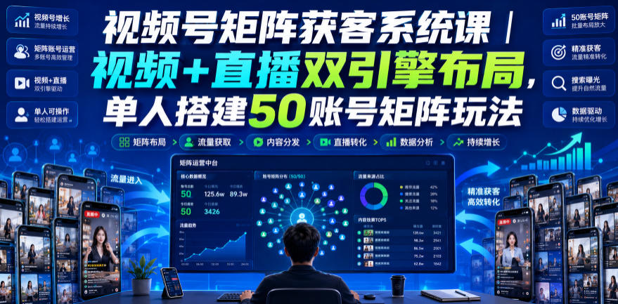 视频号矩阵获客系统课｜视频+直播双引擎布局，单人搭建50账号矩阵玩法，流量入池、搜索占位、全域引流沉淀私域全流程教学-好耶资源