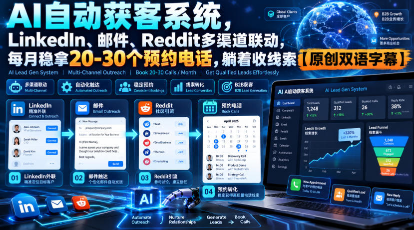 【无水印】AI自动获客系统,LinkedIn、邮件、Reddit多渠道联动,每月稳拿20-30个预约电话,躺着收线索【原创双语字幕】-好耶资源