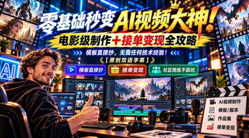 零基础秒变AI视频大神!电影级制作+接单变现全攻略,模板直接抄,无需任何技术经验!【原创双语字幕】-好耶资源