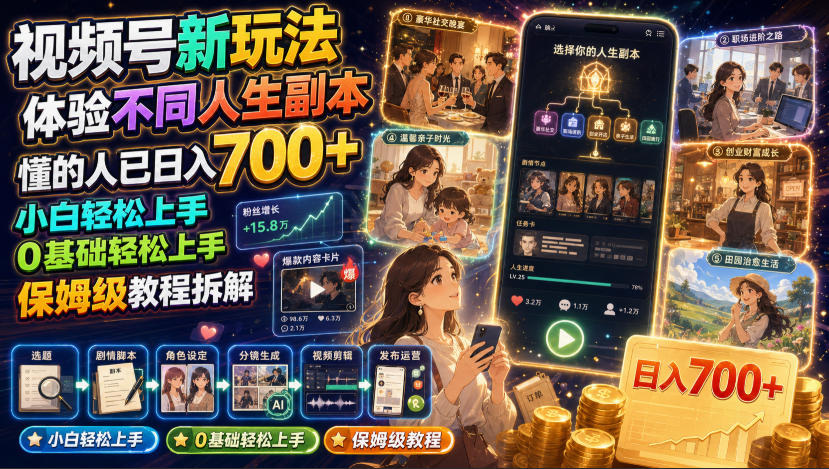 视频号新玩法体验不同人生副本,懂的人已日入700+,小白轻松上手,0基础轻松上手,保姆级教程拆解-好耶资源