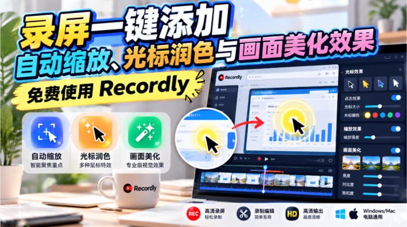 录屏一键添加自动缩放、光标润色与画面美化效果,免费使用Recordly-好耶资源