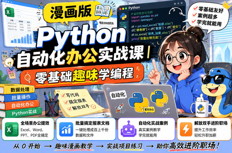 漫画版Python自动化办公实战课｜零基础趣味学编程，全场景办公提效、批量搞定报表文档、解放双手进阶职场-好耶资源