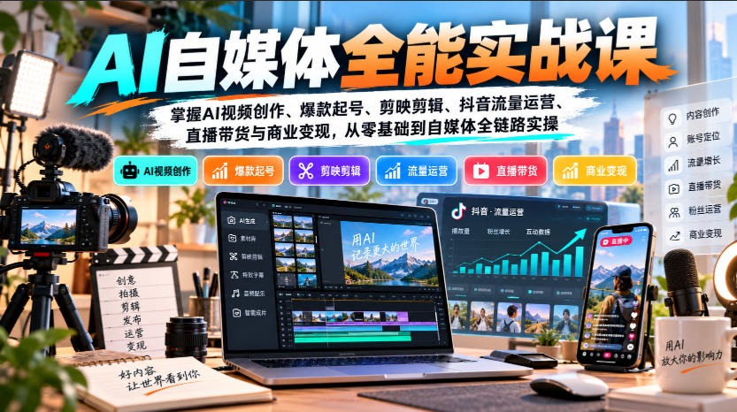 【无水印】AI自媒体全能实战课，掌握AI视频创作、爆款起号、剪映剪辑、抖音流量运营、直播带货与商业变现，从零基础到自媒体全链路实操-好耶资源