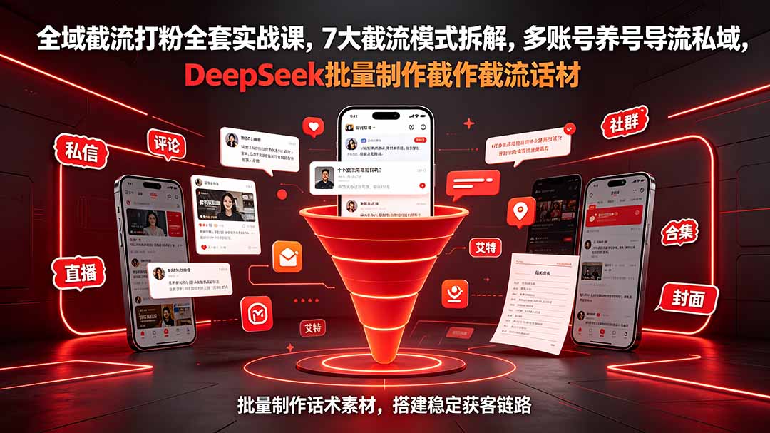 全域截流打粉全套实战课,7大截流模式拆解,多账号养号导流私域,DeepSeek批量制作截流话术素材-好耶资源