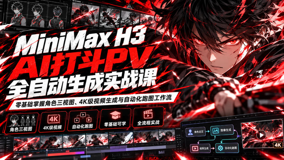 MiniMax H3 AI打斗PV全自动生成实战课:零基础掌握角色三视图、4K级视频生成与自动化跑图工作流-好耶资源