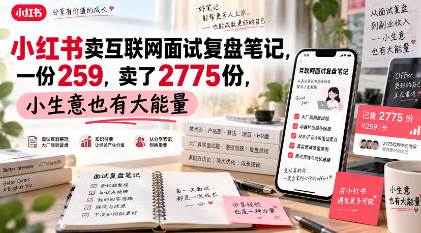 小红书卖互联网面试复盘笔记，一份259，卖了2775份，小生意也有大能量-好耶资源