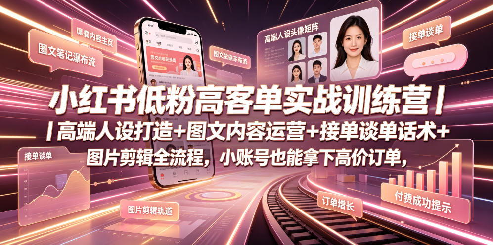 小红书低粉高客单实战训练营｜高端人设打造+图文内容运营+接单谈单话术+图片剪辑全流程，小账号也能拿下高价订单-好耶资源