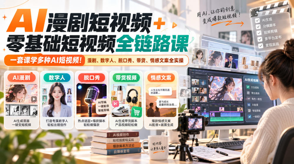 AI漫剧短视频+零基础短视频全链路课,一套课学多种AI短视频!漫剧、数字人、脱口秀、带货、情感文案全实操-好耶资源