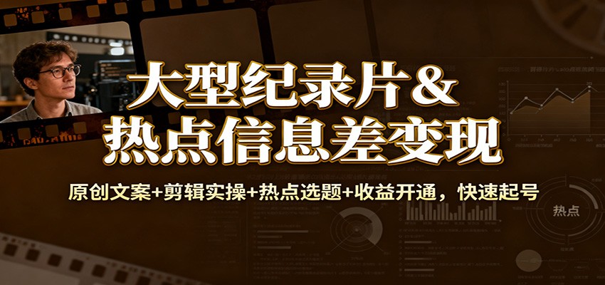 大型纪录片&热点信息差变现：原创文案+剪辑实操+热点选题+收益开通，快速起号-好耶资源
