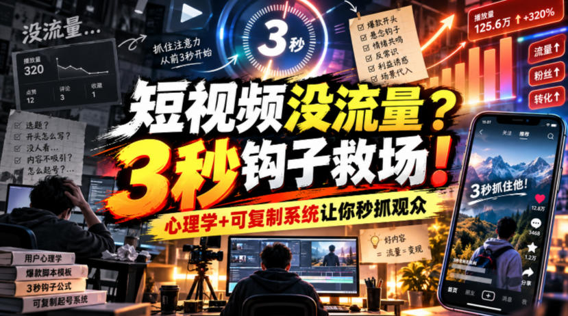 【无水印】短视频没流量?3秒钩子救场!心理学+可复制系统让你秒抓观众【原创双语字幕】-好耶资源