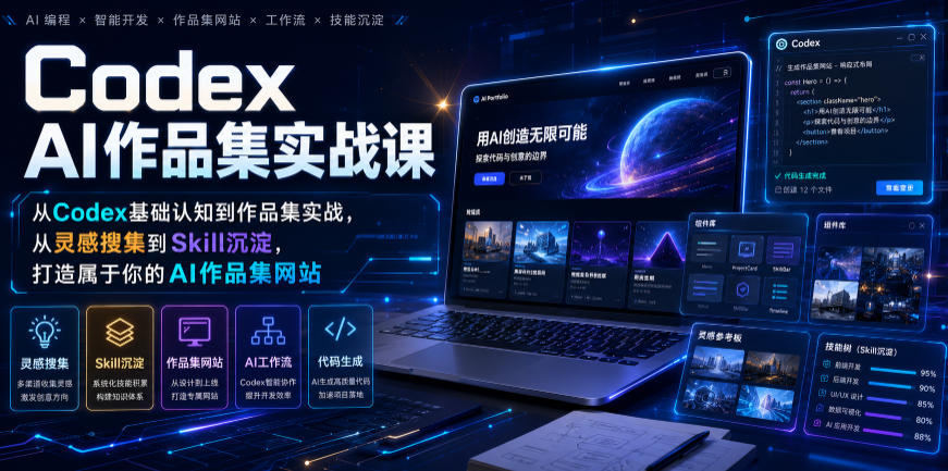 Codex AI作品集实战课,从Codex基础认知到作品集实战,从灵感搜集到Skill沉淀,打造属于你的AI作品集网站-好耶资源