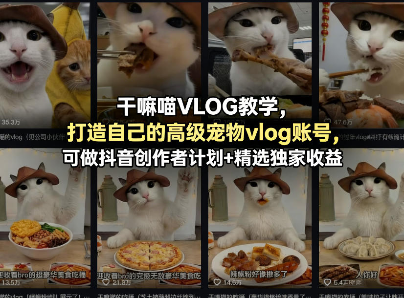 干嘛喵VLOG教学，打造自己的高级宠物vlog账号，可做抖音创作者计划+精选独家收益-好耶资源
